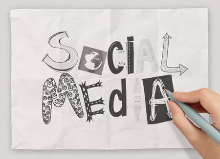 hand drawing design word SOCIAL MEDIA on crumpled paper background  as conceptの写真素材