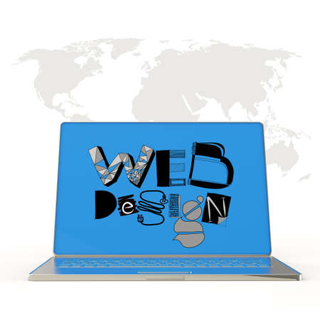 hand drawn web design on laptop screen computer and world map background as conceptの写真素材