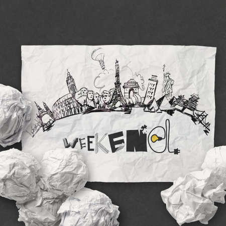crumpled paper and traveling around the world with word weekend as vintage style conceptの写真素材