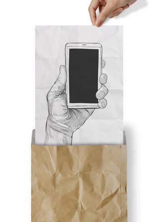 Hand drawn hands with mobile phone on crumpled paper as conceptの写真素材