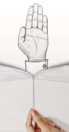 crumpled papaer opening  show poster of  Hand raised sign as conceptの写真素材