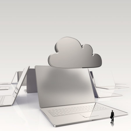 businessman looking at Cloud computing 3d sign on laptop computer as concept 