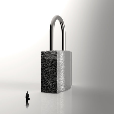 businessman looking to 3d metal padlock as security concept