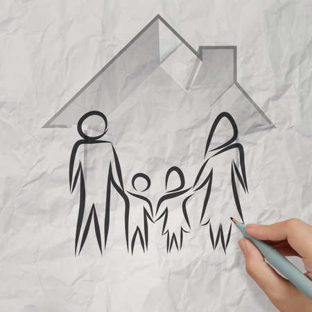 hand drawing 3d house wtih family icon on crumpled paper background as insurance conceptの写真素材