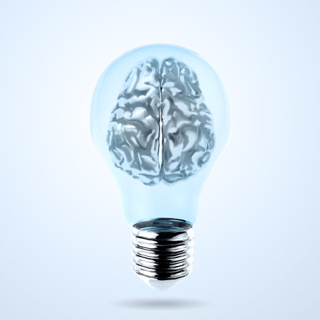 3d metal human brain in a lightbulb as creative concept