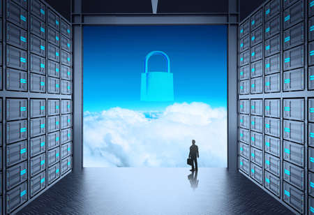 businessman standing at 3d network server room and pallock icon on cloud outside as concept の写真素材