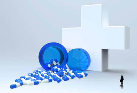 businessman looking at 3d virtual medical symbol with capsule pills  as concept の写真素材