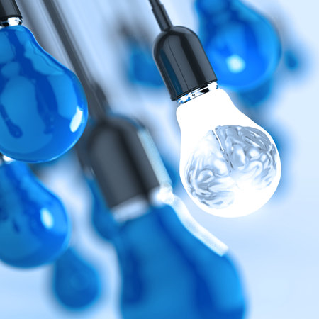3d metal human brain in a light bulb as creative concept