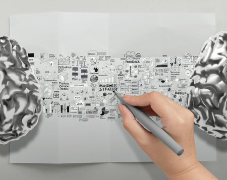 hand drawing metal brains 3d with business strategy icons as brain strom concept 
