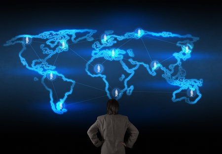 businessman looking at new modern computer screen show social network structure as concept