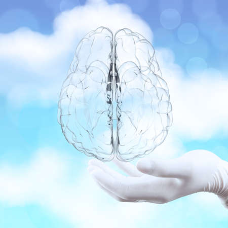 medical doctor hand showing 3d glass human brain on natureの写真素材