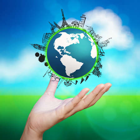 hand drawn traveling around the world on green nature  as concept の写真素材