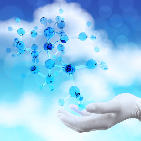 scientist doctor hand holds virtual 3d  molecular structure in the lab 