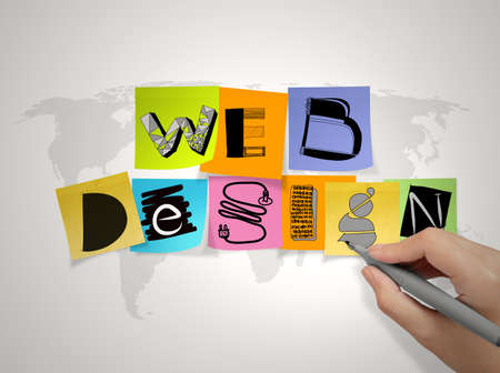 hand  drawing web design on sticky note and world map background as concept の写真素材