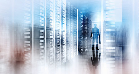 Double exposure of abstract image with technology server backgroundの写真素材