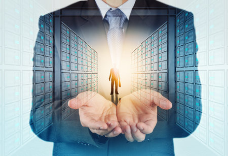 Double exposure of businessman hand showing leader on server background as conceptの写真素材
