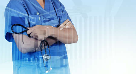 Double exposure of smart medical doctor working with operating room as concept の写真素材