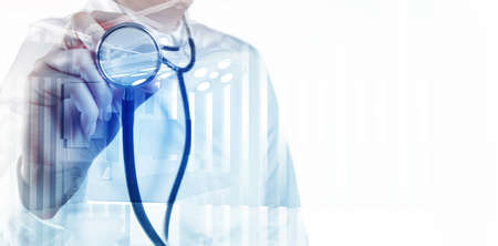 Double exposure of smart medical doctor working with operating room as concept の写真素材