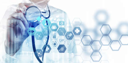 Double exposure of abstract smart medical doctor working with operating room as concept の写真素材