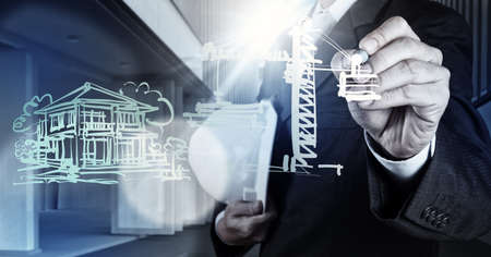 engineer drawing construction diagram as conceptの写真素材