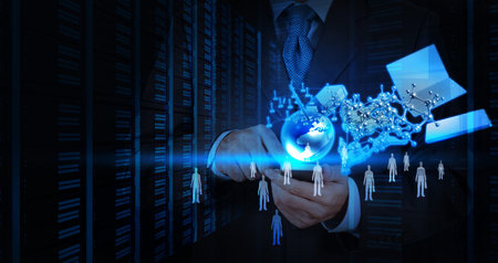 Double exposure of businessman hand use smart phone computer with all technology as concept
