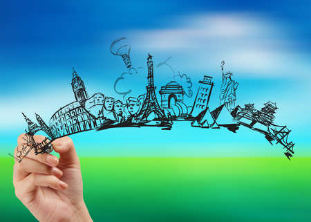 hand drawn traveling around the world on nature backgroundの写真素材