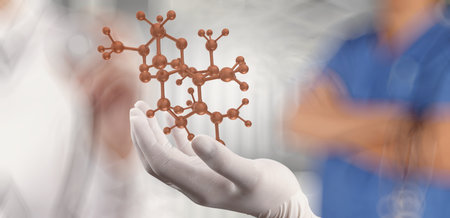 scientist doctor hand holds virtual molecular structure in the lab as conceptの写真素材