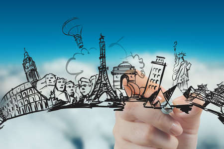 hand drawn traveling around the worldの写真素材