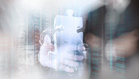 Double exposure of businessman hand showing 3d puzzle partnership sign as concept