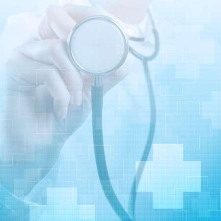 Double exposure of Medicine doctor hand working with modern computer interface as medical conceptの写真素材