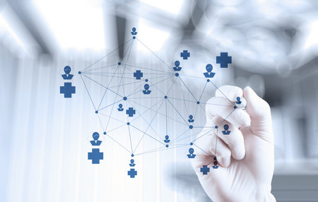 smart medical doctor hand drawing network with operating room as conceptの写真素材