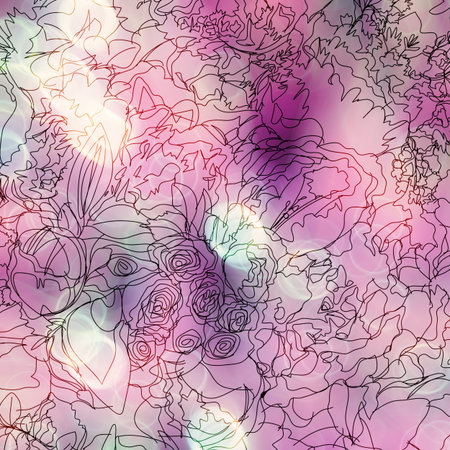 hand drawn abstract flowers on blurred flower backgroundの写真素材
