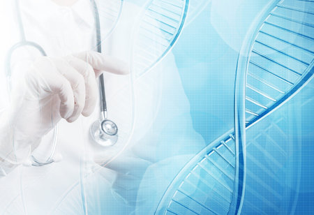 Double exposure of scientist doctor hand holds a a stethoscope virtual molecular structure in the lab as conceptの写真素材