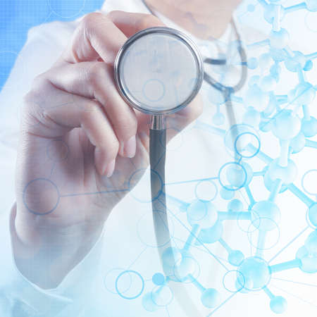 Double exposure of scientist doctor hand holds virtual molecular structure in the lab as conceptの写真素材