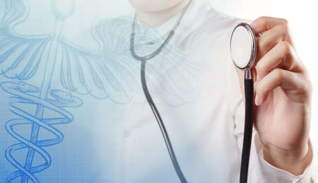 Double exposure of smart medical doctor working with operating room as conceptの写真素材