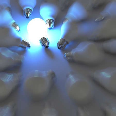 3d growing light bulb standing out from the unlit incandescent bulbs as leadership conceptの写真素材