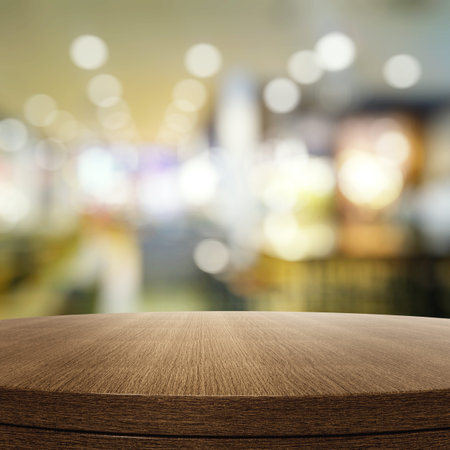 Empty wooden round table and blurred background for product presentationの写真素材