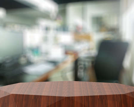 Empty abstract  wooden shelf and blurred background for product presentationの写真素材
