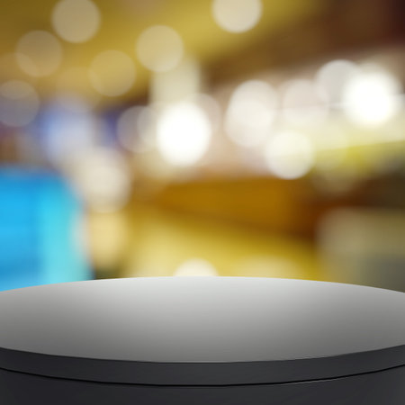 Empty laminate shelf and blurred background for product presentationの写真素材