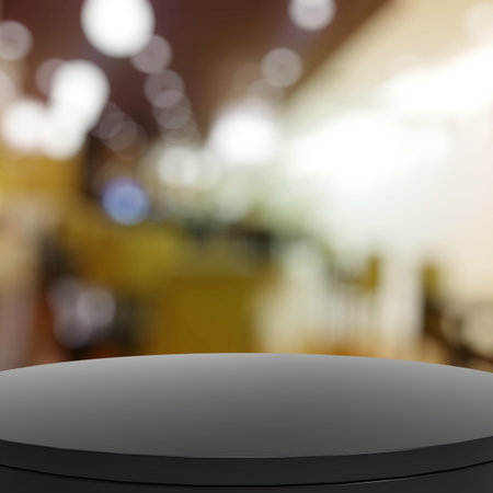 Empty laminate shelf and blurred background for product presentationの写真素材