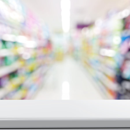 Empty laminate shelf and blurred  background for business product presentationの写真素材