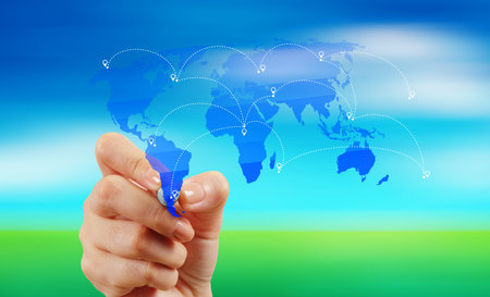 businessman working with new modern computer show social network structure on blue sky background