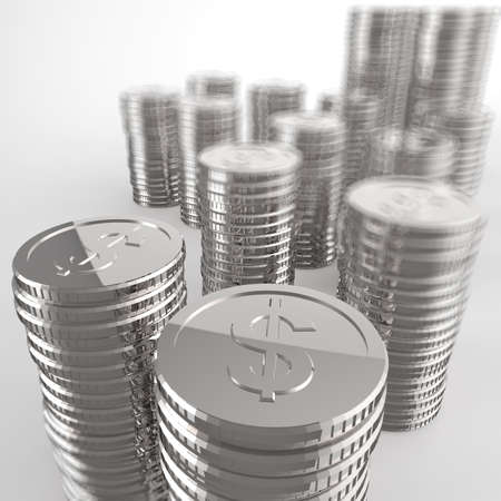 Stack of coins dollar sign 3d on white backgroundの写真素材