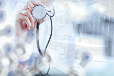 Double exposure of smart medical doctor working with operating room as conceptの写真素材