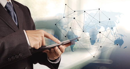 businessman working with new modern computer show social network structure as conceptの写真素材