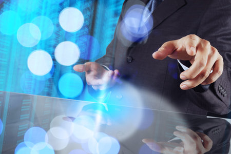 double exposure of businessman working with digital cloud network concept
