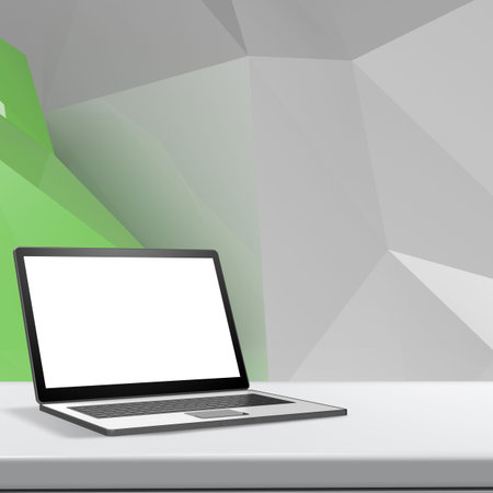 Laptop with blank screen on laminate table and low poly geometric  background