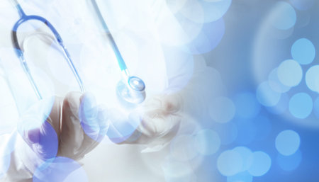 double exposure of success smart medical doctor working with abstract blurry bokeh  background as conceptの写真素材