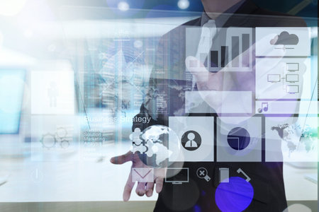 Double exposure of businessman working with new modern computer show social network structure and...