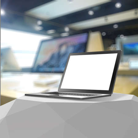 3d Laptop with blank screen on laminate table and blurred backgroundの写真素材